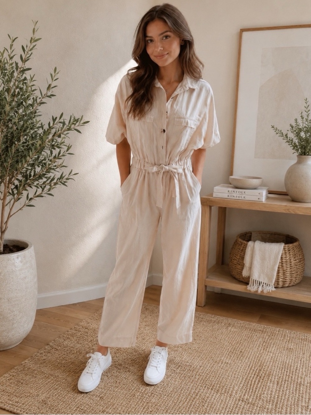 White Linen-Blend Jumpsuit Women's Size 10